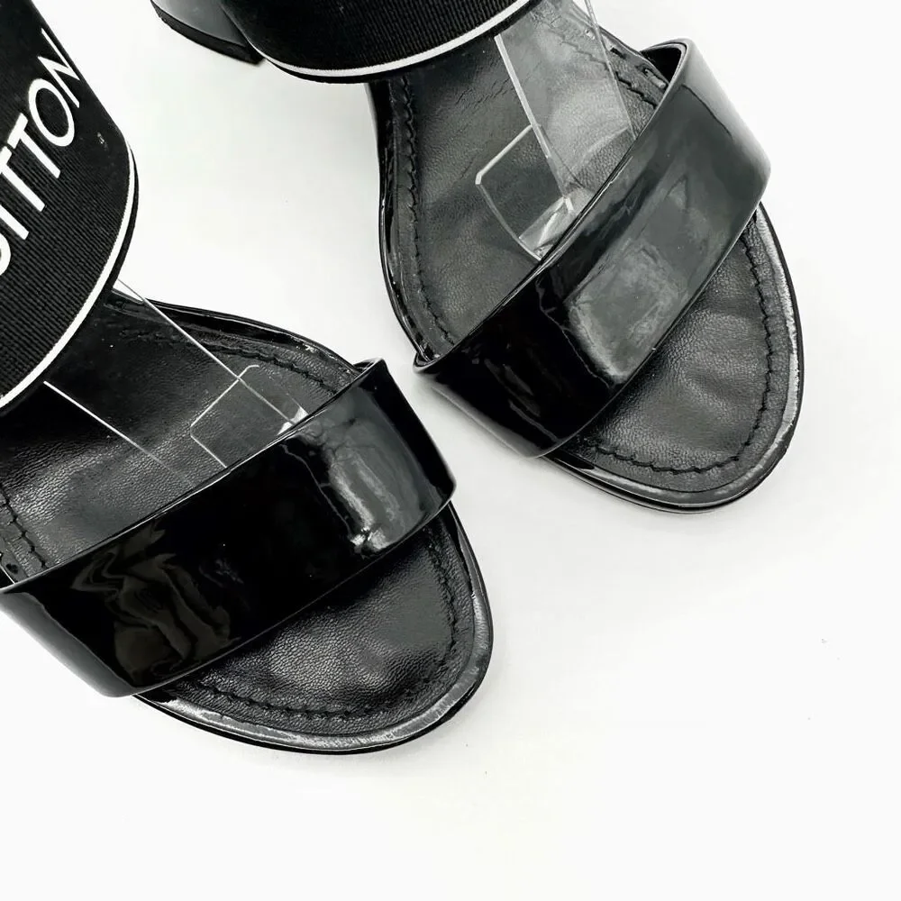 LOUIS VUITTON Trail Black Patent Leather Logo Sandal Size 37 Block Heel